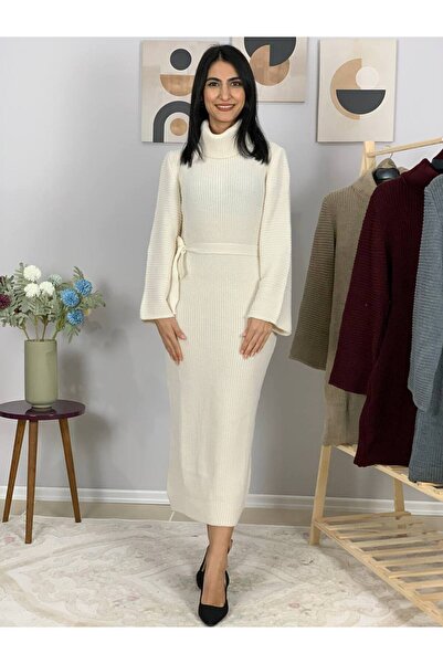 YusGos Long Sleeve Turtleneck Belt Detailed Knitwear Relaxed Fit Midi Dress Cream Standard