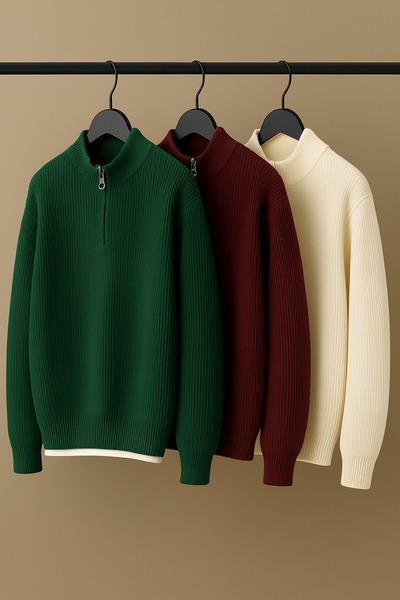 oneoff Pachet de 3 pulovere pentru bărbați, material reiat tricotaje cu jumăt...