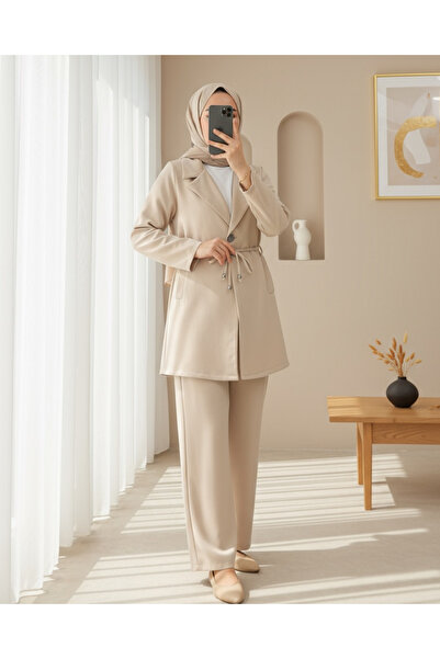 Modamorfo Double Breasted Collar Double Lace Jacket Trousers Suit -Beige