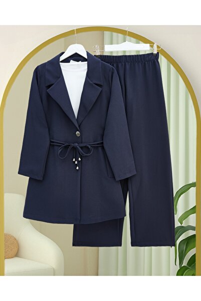 Modamorfo Double Breasted Collar Double Lace Jacket Trousers Suit - Navy