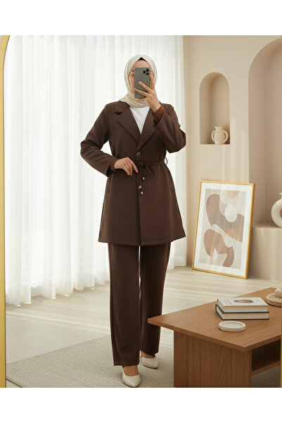 Modamorfo Double Breasted Collar Double Lace Jacket Trousers Suit -Coffee