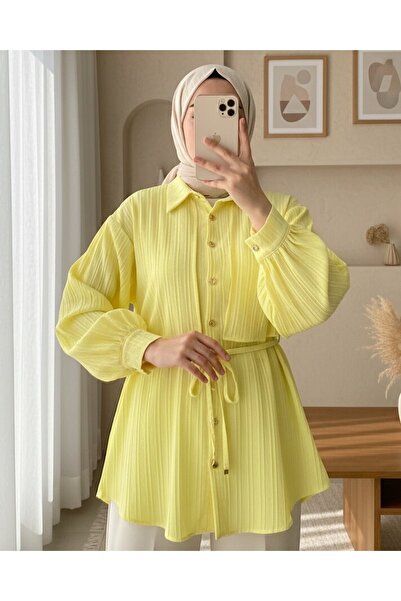 Modamorfo Πουκάμισο με λεπτομέρεια μπολερό με πέτρινο κουμπί με δεμένη μέση - Κίτρινο