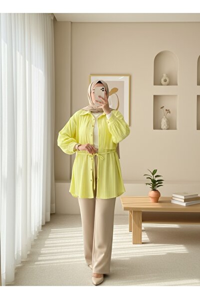 Modamorfo Πουκάμισο με λεπτομέρεια μπολερό με πέτρινο κουμπί με δεμένη μέση - Κίτρινο