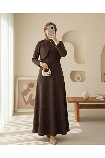 Modamorfo Φόρεμα με λεπτομέρεια σακάκι και ασημένια μπροσούρα - Καφέ