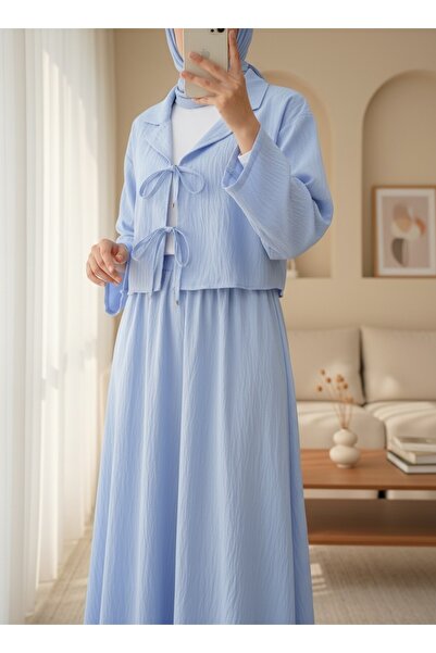 Modamorfo Double Breasted Collar Double Lace Skirt Suit - Baby Blue