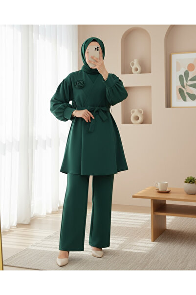 Modamorfo Keresztgalléros rózsa részletes öves dupla öltöny - smaragd