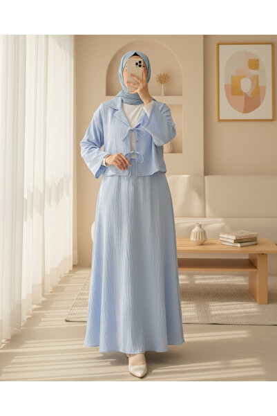 Modamorfo Double Breasted Collar Double Lace Skirt Suit - Baby Blue