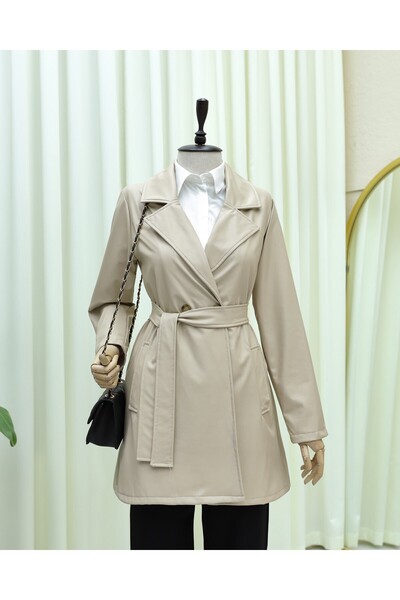 Modamorfo Trench din piele cu o singură buzunar și cu curea în talie - Crem