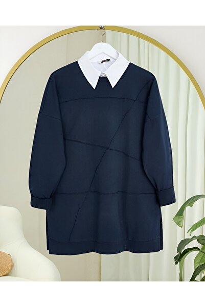 Modamorfo Round Neck Grassed Slit Loose Combed Cotton Tunic - Navy