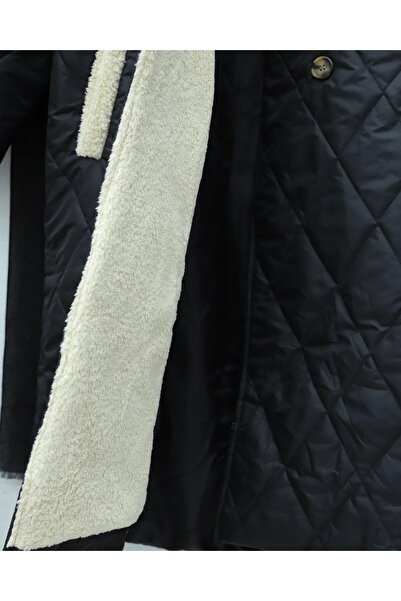 Modamorfo Μπουφάν με γούνινο γιακά, ζώνη στη μέση, κουμπιά και επένδυση - Μαύρο