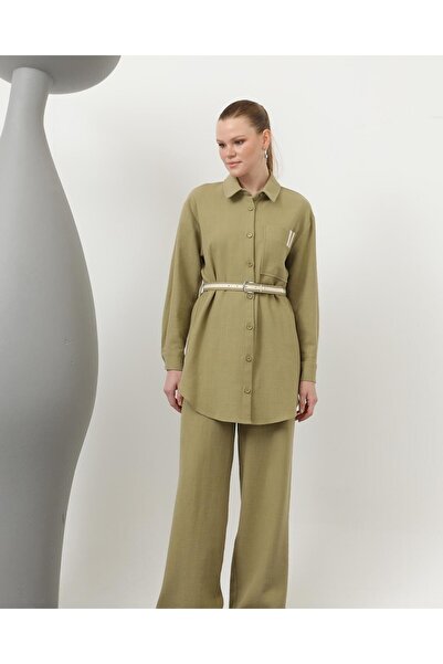 Modamorfo Women's Linen Suit with Belt Detail and Trousers - 14313Tks