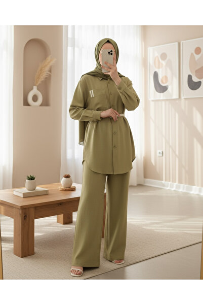 Modamorfo Women's Linen Suit with Belt Detail and Trousers - 14313Tks
