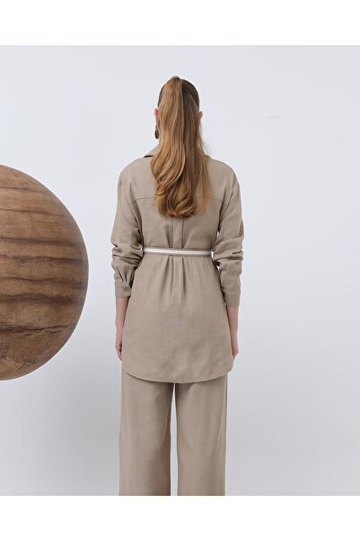 Modamorfo Women's Linen Suit with Belt Detail and Trousers - 14313Tks