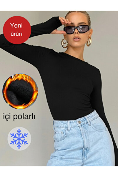 glanour Γυναικεία μπλούζα με λεπτομέρεια στο δάχτυλο με λαιμόκοψη και φλις εσ...