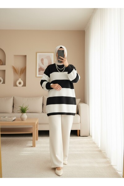 Modamorfo Πλεκτό πουλόβερ Σελανίκης με ρίγες μισό λαιμό -Μαύρο