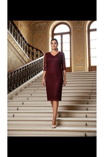 Nidya Moda Büyük Beden Simli Bordo Dantel Elbise 4009yb