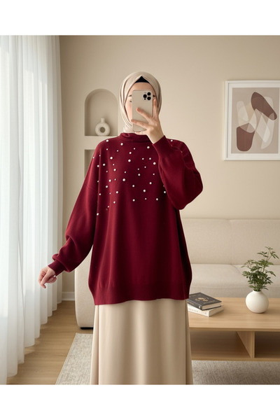 Modamorfo Pearl fisherman collar balloon sleeve knit - burgundy