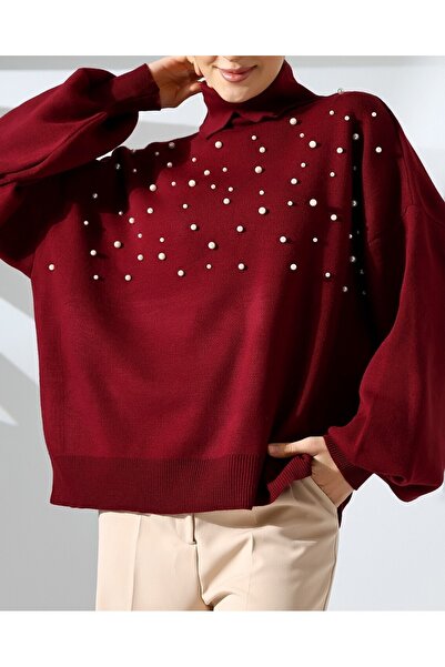 Modamorfo Pearl fisherman collar balloon sleeve knit - burgundy
