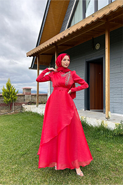 Lamia Giyim Taşlı Organze Abiye Kırmızı