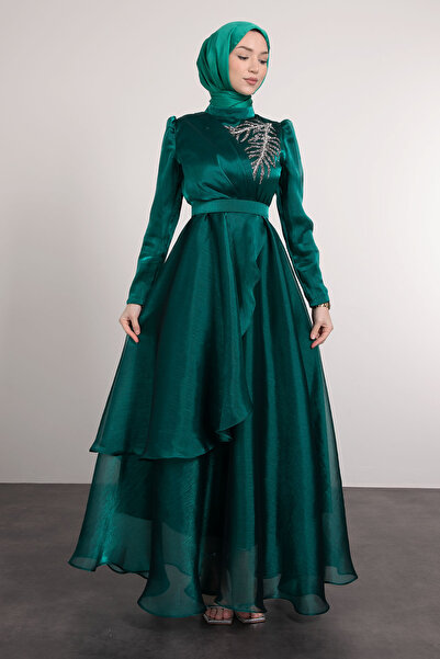 Rhinestone Organza Evening Dress Emerald