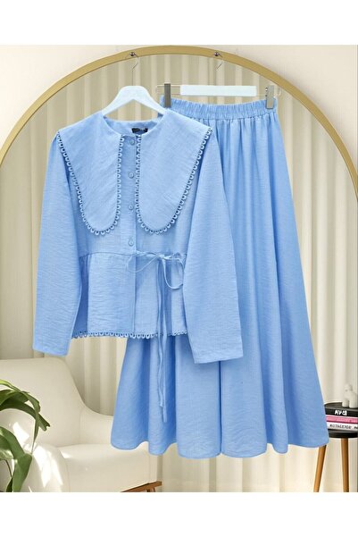 Modamorfo Guipure Detailed Side Lace Apron Collar Skirt Suit - Light Blue