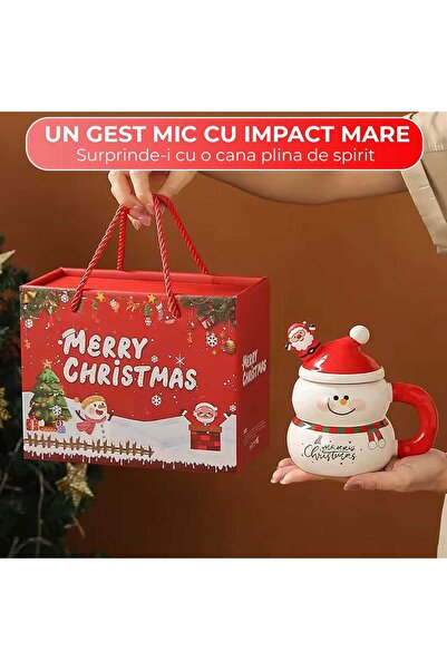 Timebox Cană ceramică de Crăciun 400ml cu capac și lingură, design om de zăpadă, cadou ideal pentru temperaturi ridicate...