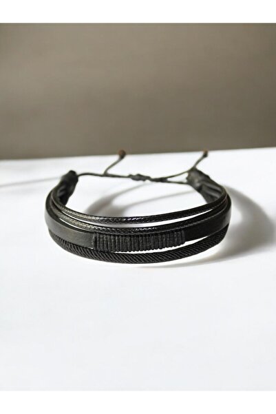 DEHNA Erkek Siyah Deri Bileklik İp Sargılı Asansör Kapama