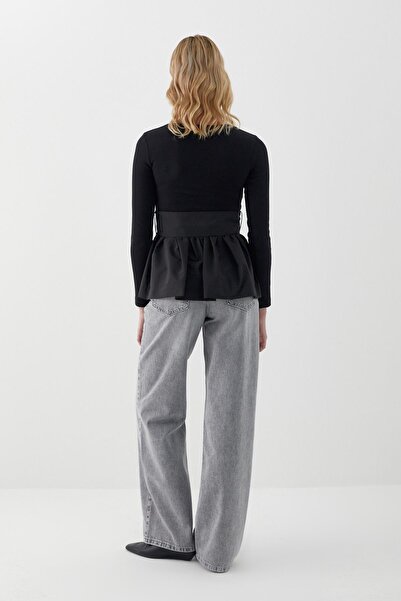 MARKALİSTE Long Sleeve Ribbed Knit Blouse Black