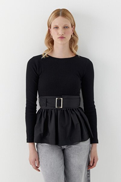 MARKALİSTE Long Sleeve Ribbed Knit Blouse Black