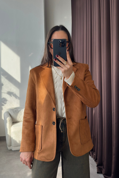 YOUR NAME Jachetă blazer de damă din piele intoarsa maro cu buzunar căptușit