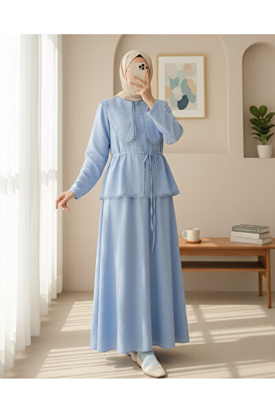 Modamorfo Guipure Detailed Side Lace Apron Collar Skirt Suit - Light Blue