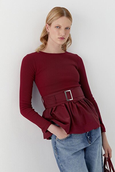 MARKALİSTE Long Sleeve Ribbed Knit Blouse Burgundy