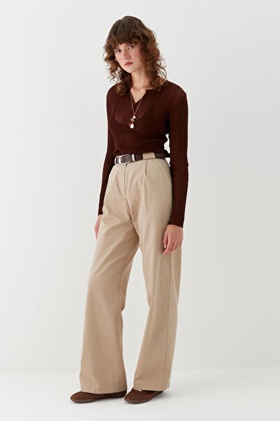 MARKALİSTE Belted Palazzo Trousers Stone