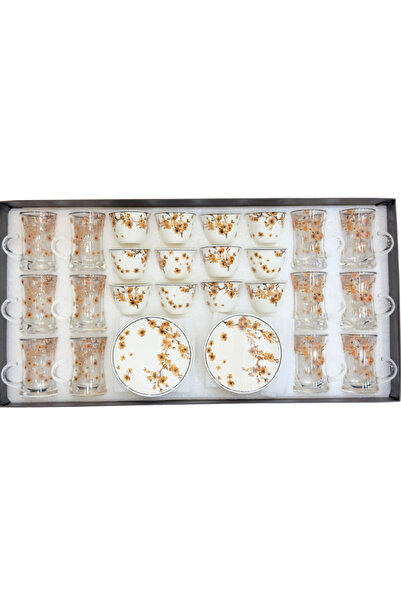 ALQANNAS 36 Piece Tea and Coffee Set | Floral Print Crystal Glass Tea Cups with Ceramic Cups and Saucers