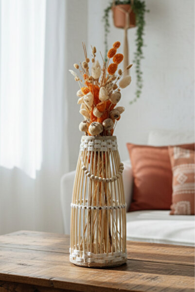 DEKOLOBİ Bambu Çubuk Vazo / Doğal Ahşap Prenses Vazo / Dekoratif Bambu Çiçeklik (38 CM)