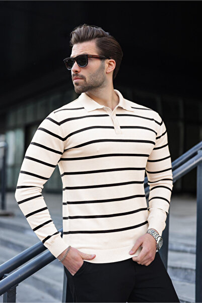 Madmext Μακρυμάνικο πουλόβερ με ριγέ πόλο με μπεζ κουμπιά 7263