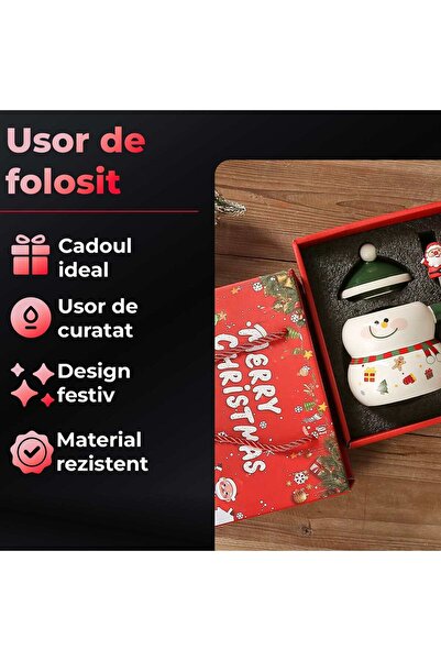 Timebox Cană ceramică de Crăciun 400ml cu capac și lingură, design om de zăpadă, cadou ideal pentru temperaturi ridicate...