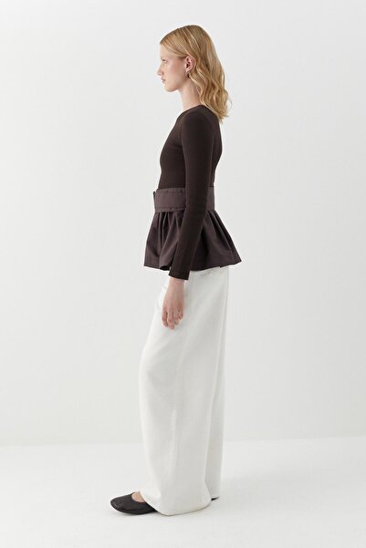 MARKALİSTE Long Sleeve Ribbed Knit Blouse Brown