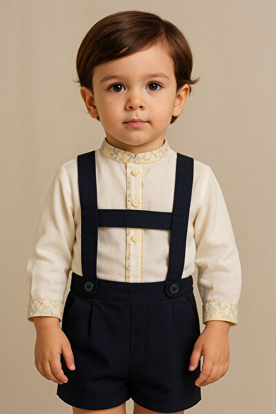 La reina petite Larina Petite Boys' Suit: Shirt and Shorts, Navy Blue with Suspenders