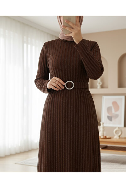 Modamorfo Stoned Belt Glitter Pruhované tylové šaty -hnědé