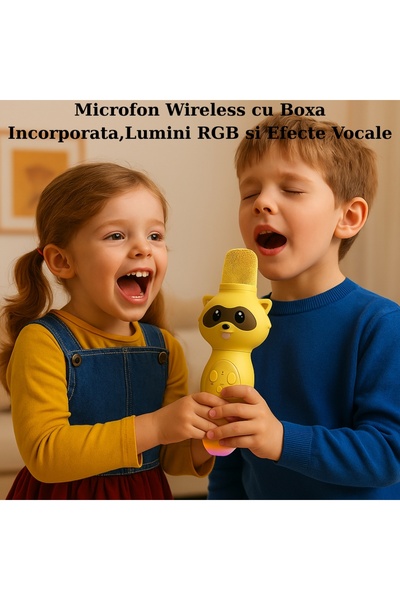 PacFullTech Karaoke microphone for children, Wireless, RGB lights, yellow, built-in speaker,