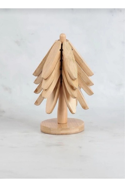 MİEN Standlı 4 ' lü Ahşap Ağaç Nihale - Bambu Nihale -Pratik Katlanır Nihale - Bambu Bardak Altlığı