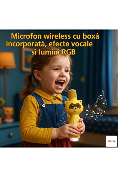PacFullTech Karaoke microphone for children, Wireless, RGB lights, yellow, built-in speaker,