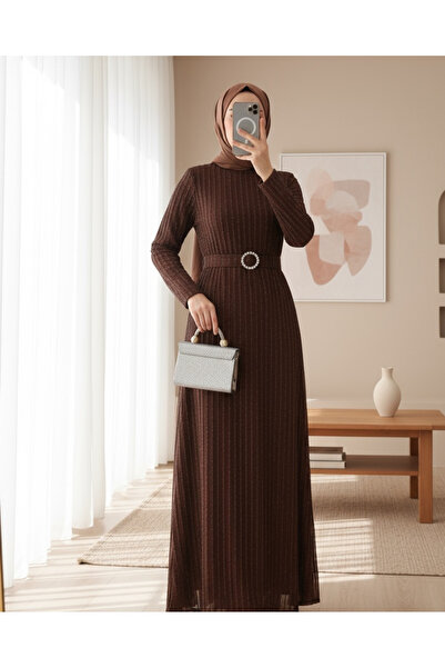 Modamorfo Stoned Belt Glitter Pruhované tylové šaty -hnědé