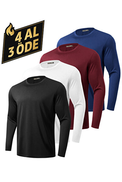 GHASSY CO. Pack of 4 Men's 100% Cotton Stretch Fabric Sports Running Daily Training Long Sleeve Combed Cotton T-Shirts
