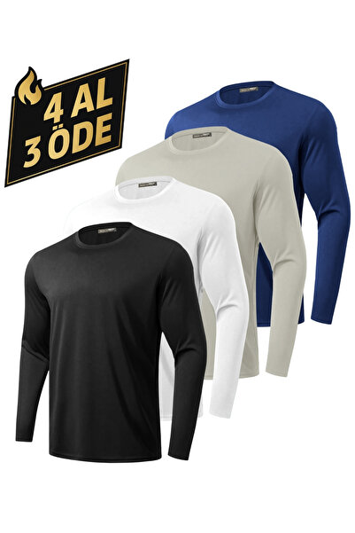 GHASSY CO. Pack of 4 Men's 100% Cotton Stretch Fabric Sports Running Daily Training Long Sleeve Combed Cotton T-Shirts