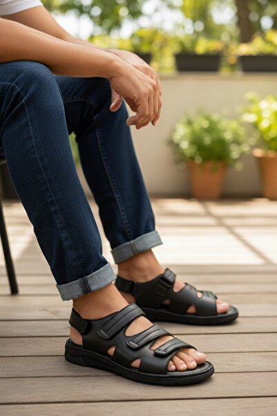 Konfores 2040 Model - Massage Sole, Genuine Leather, Anatomical Men's Sandals