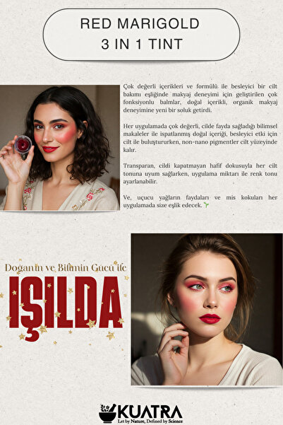 KUATRA Red Marigold Nemlendirici - Antioksidan Işıltı Veren Balm (DOĞAL İÇERİKLİ RUJ- ALLIK-GÖZ FARI)