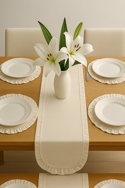 conzaliza Fırfırlı Supla Ve Runner Takımı - Masa Örtüsü Takımı 7 Parça