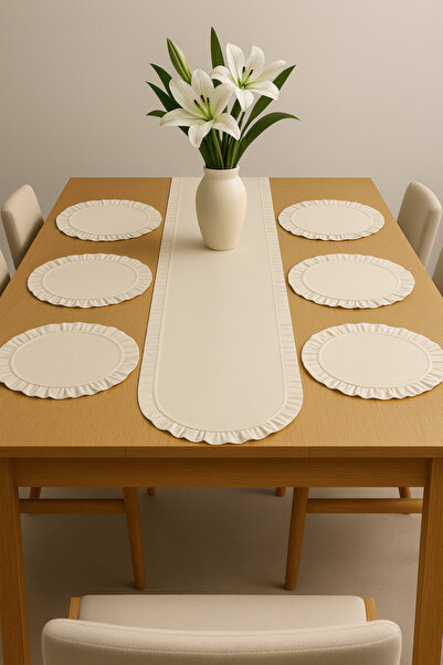 conzaliza Fırfırlı Supla Ve Runner Takımı - Masa Örtüsü Takımı 7 Parça